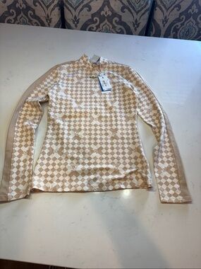 Beige Checker Long-Sleeve Mock Neck Women's Top